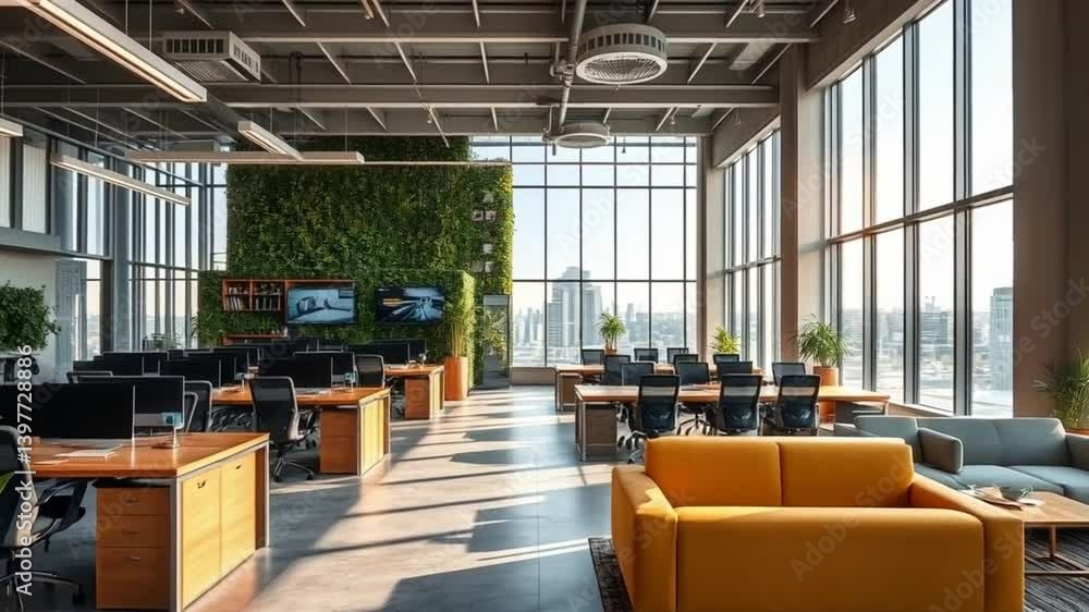 Interior of Modern open-concept office space with ergonomic workstations