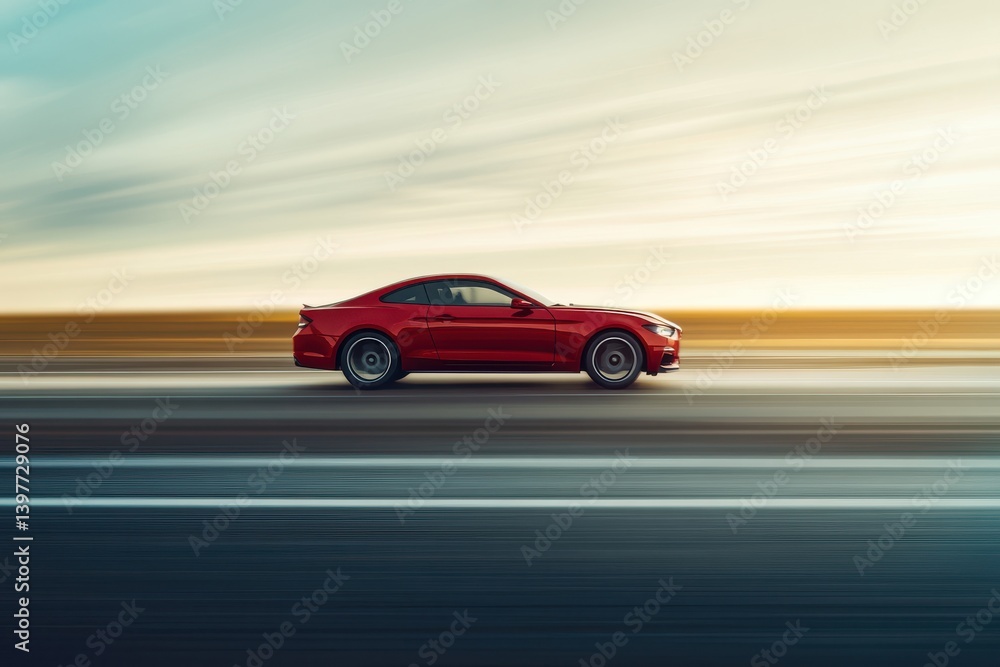A red sedan captured in motion on an open road A red sedan captured in motion on an open road