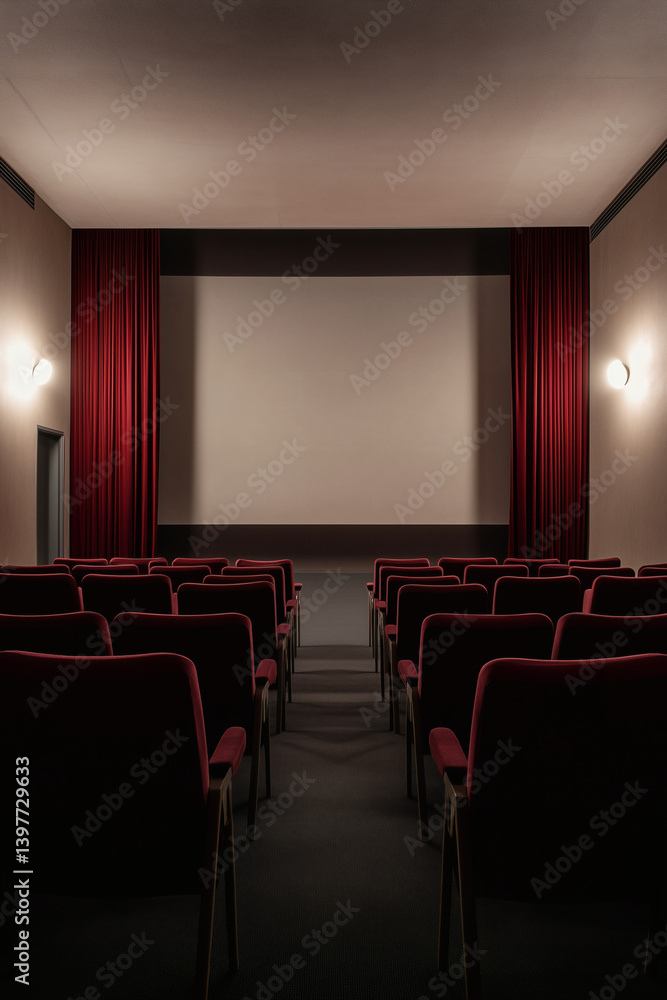 Fototapeta premium Empty theater with red velvet seats, stage, and curtains ready for a film or live performance.