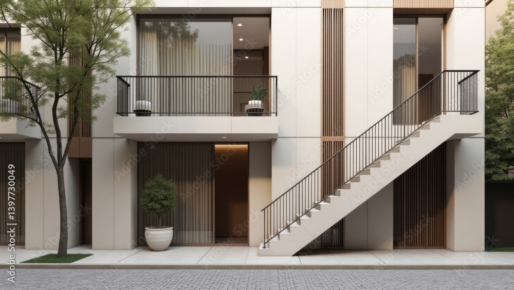 Fototapeta premium Modern townhouse building framed by a tall tree in the foreground highlighting the fusion of nature and urban living in a beautiful european neighborhood setting for residents