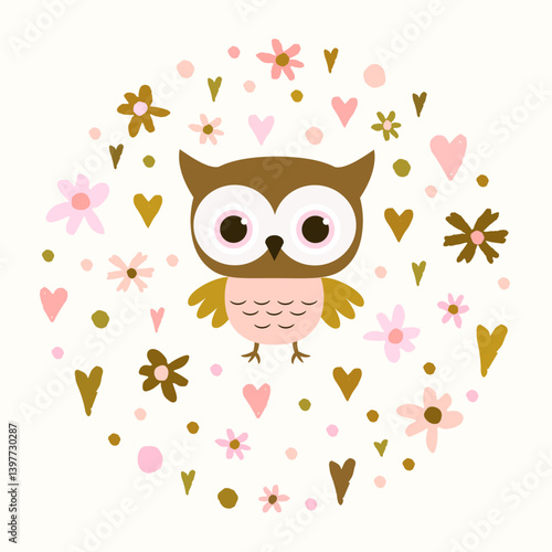 Cute vector pink and brown owl woodland animal circle shape illustration with flowers and hearts, soft boho colors graphic design for kids and babies