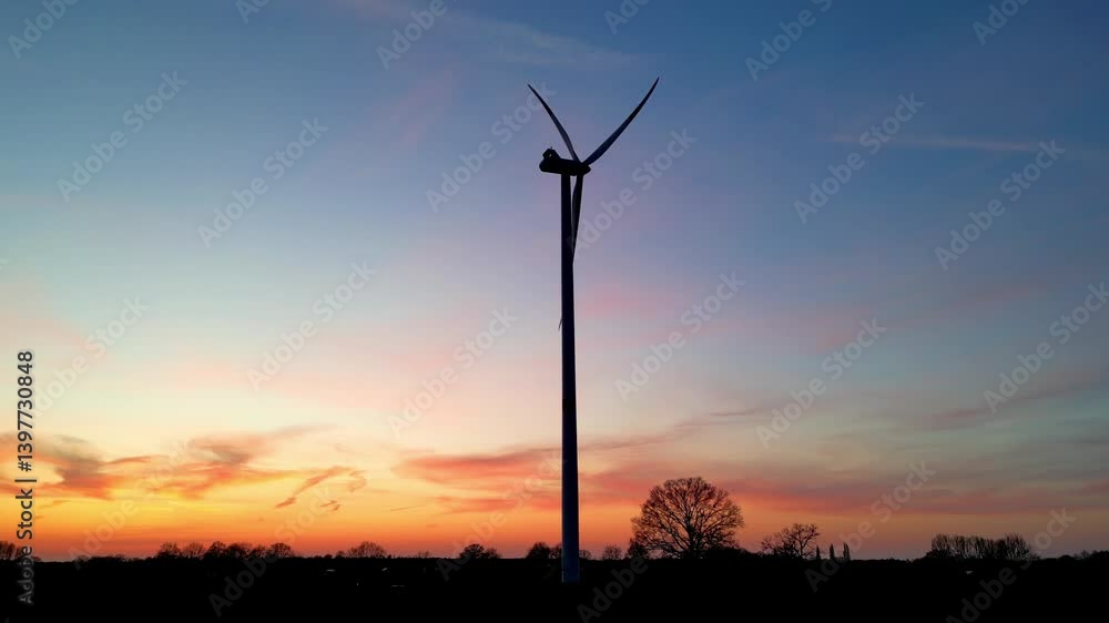 A breathtaking silhouette of a wind turbine against a stunningly vibrant sunset, highlighting renewable energy sources A breathtaking silhouette of a wind turbine against a stunningly vibrant sunset, highlighting renewable energy sources