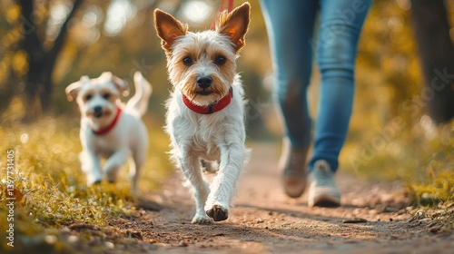 Energetic terrier dashes across a sun-dappled path, playfully leading another dog. A charming, blurred woodland backdrop