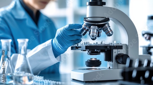 Focused lab work: A researcher examines a sample under a microscope, surrounded by glassware. Precision and discovery in a blurred lab setting