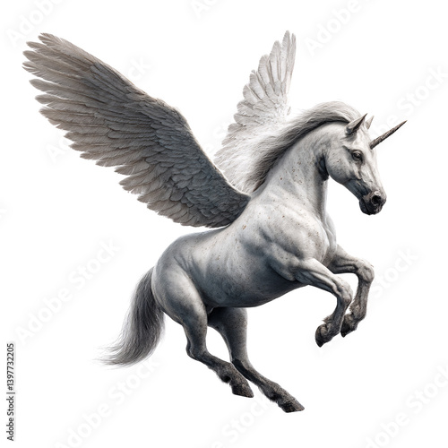 Majestic white unicorn pegasus rearing up on a transparent background Fantasy concept of mythical creature, magic, and ethereal beauty