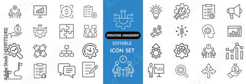 Operations management Editable Stroke icon collections. Containing production, logistics, supply chain, manufacturing, planning, inventory, strategy, customer satisfaction and cost icons