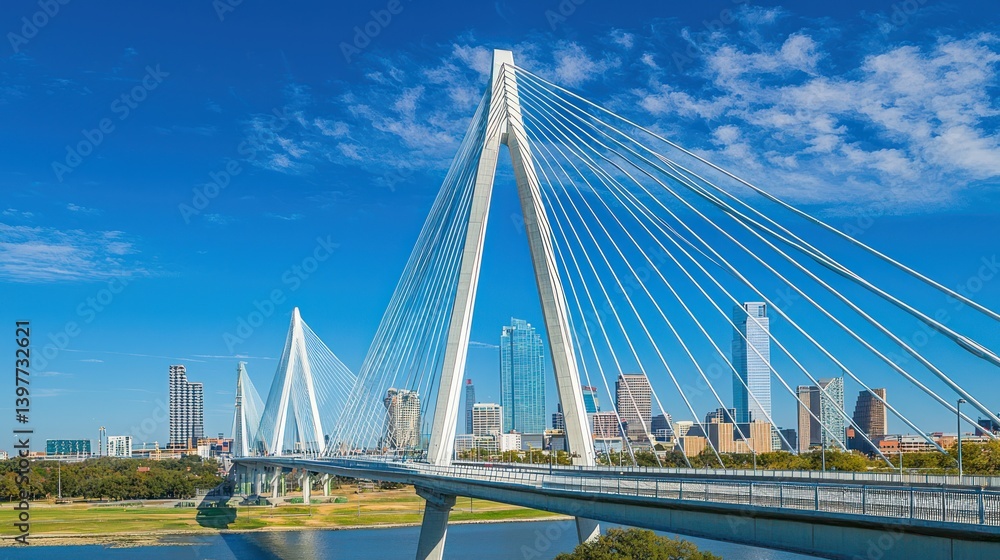 Obraz premium Modern cable-stayed bridge with vibrant city skyline and steel cable patterns