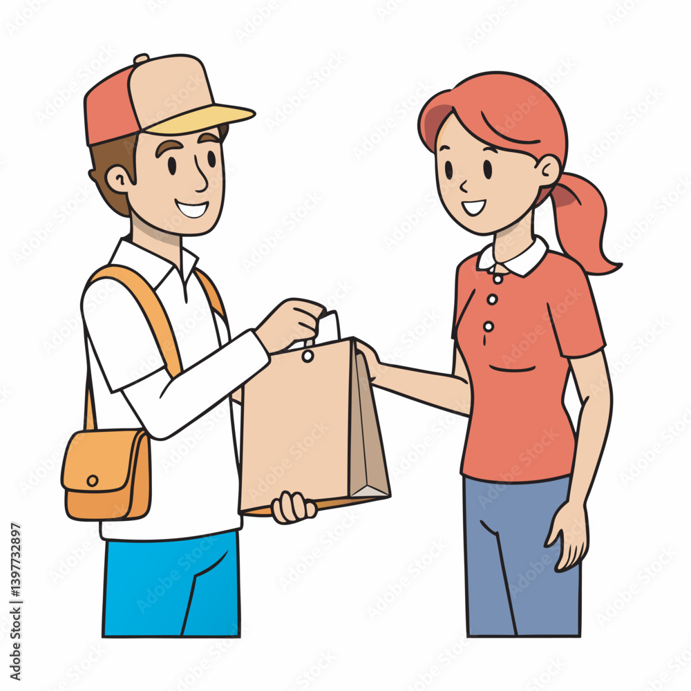 Delivery Man or Courier Handing Paper Bag with Order to Customer — Woman Receiving Package. Shipping Service and Logistics Concept. Vector Illustration. Delivery Man or Courier Handing Paper Bag with Order to Customer — Woman Receiving Package. Shipping Service and Logistics Concept. Vector Illustration.