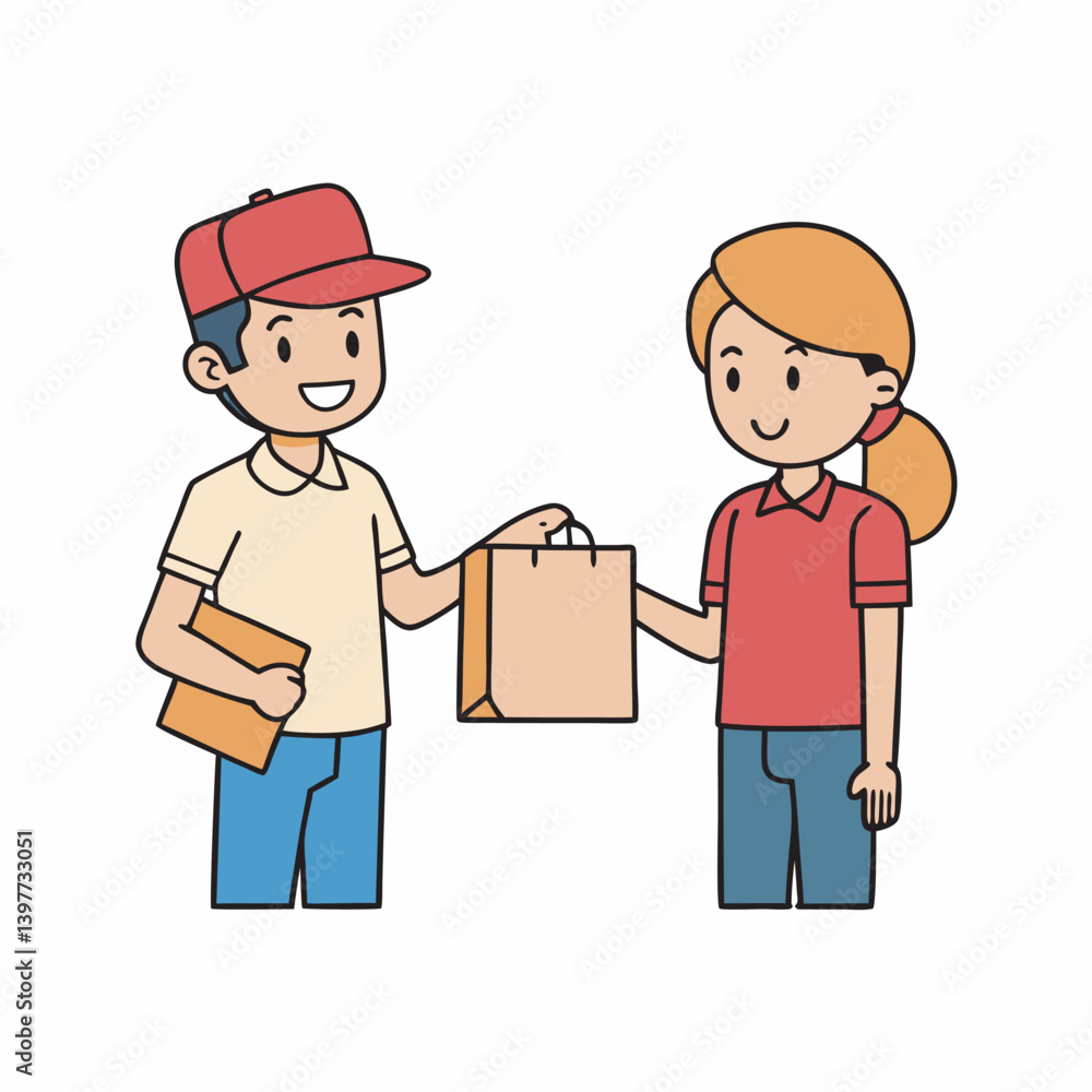 Delivery Man or Courier Handing Paper Bag with Order to Customer — Woman Receiving Package. Shipping Service and Logistics Concept. Vector Illustration. Delivery Man or Courier Handing Paper Bag with Order to Customer — Woman Receiving Package. Shipping Service and Logistics Concept. Vector Illustration.