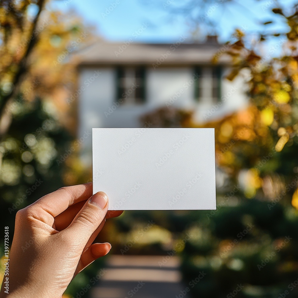 A hand presents a blank business card against a cozy home backdrop, framed by lush greenery and a bright sky A hand presents a blank business card against a cozy home backdrop, framed by lush greenery and a bright sky