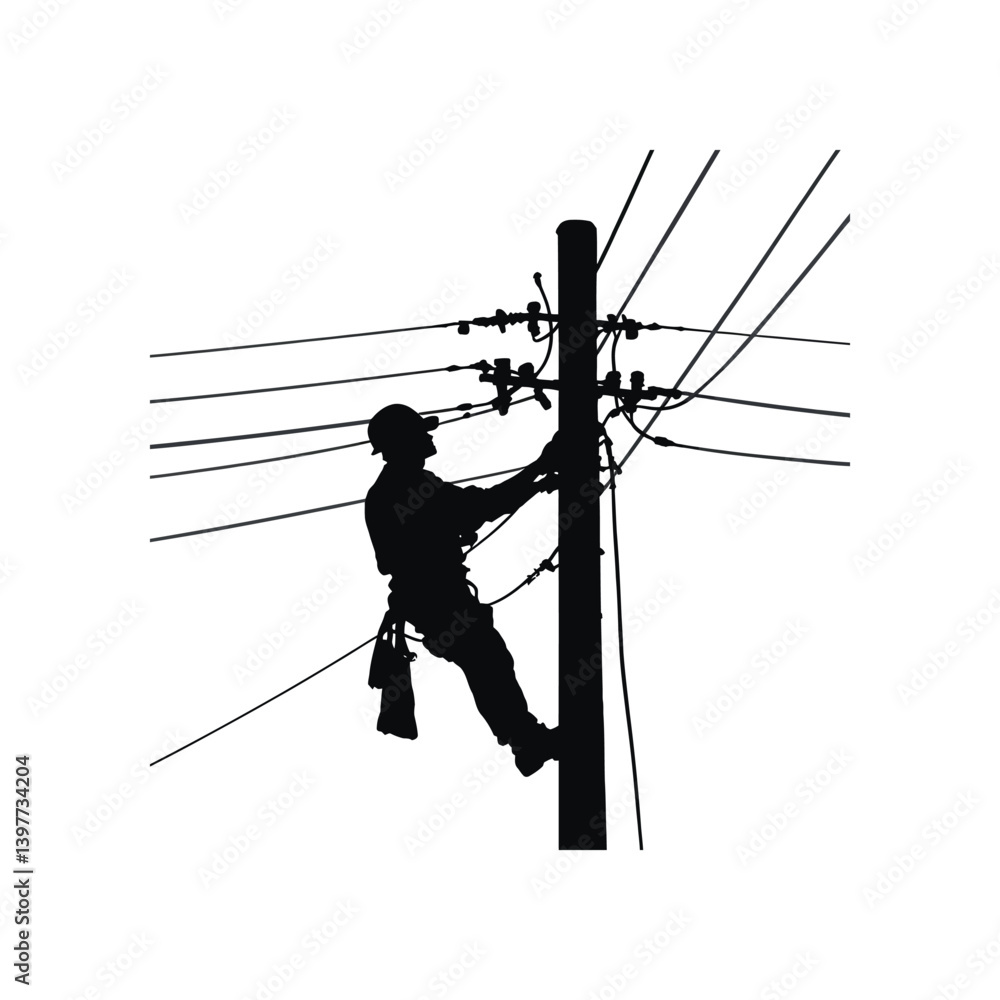 Fototapeta premium Silhouette of a Utility Worker Climbing a Power Pole – Representation of Electrical Maintenance and Safety Vector Illustration