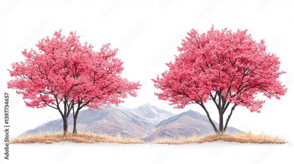Fototapeta premium Two vibrant pink flowe trees stand gracefully on a small hill overlooking a majestic mountain range under a clear white sky.