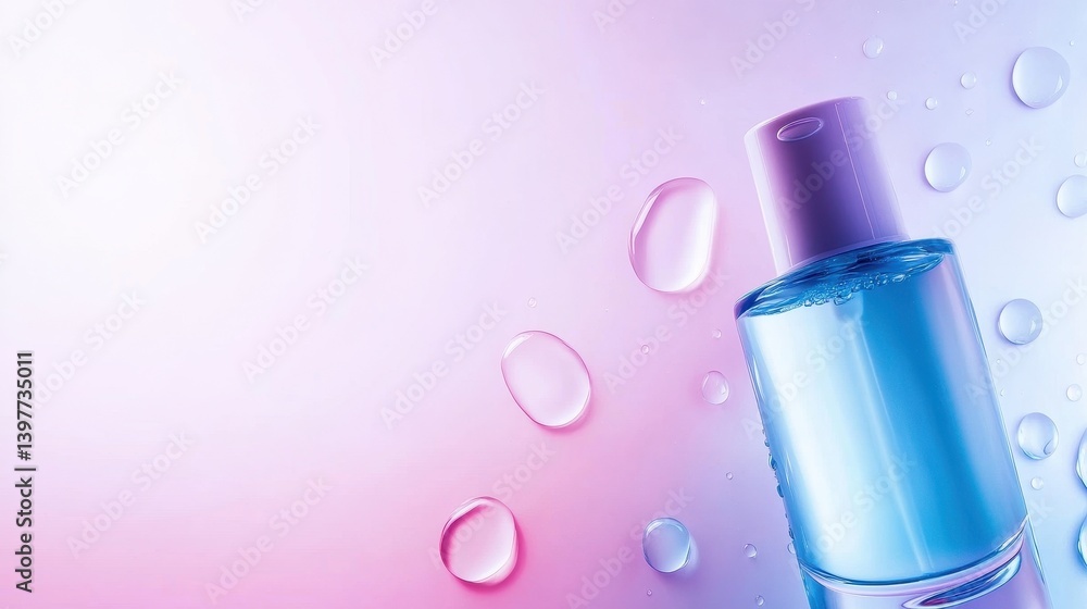 A clear blue liquid bottle with droplets on a soft gradient background, evoking freshness A clear blue liquid bottle with droplets on a soft gradient background, evoking freshness