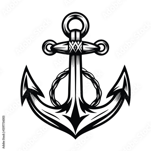 Bold Nautical Anchor Black and White, Ropes Around the Shank, Marine Symbol Design