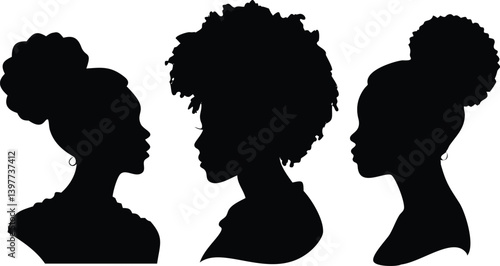 Afro Women Silhouettes Collection with Different Hairstyles on Transparent Background