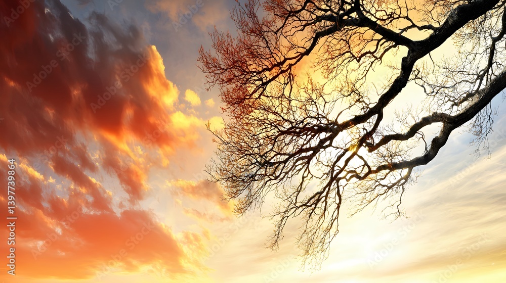 Stunning Sunset Sky with Vibrant Clouds and Silhouetted Branches Against a Colorful Horizon Stunning Sunset Sky with Vibrant Clouds and Silhouetted Branches Against a Colorful Horizon