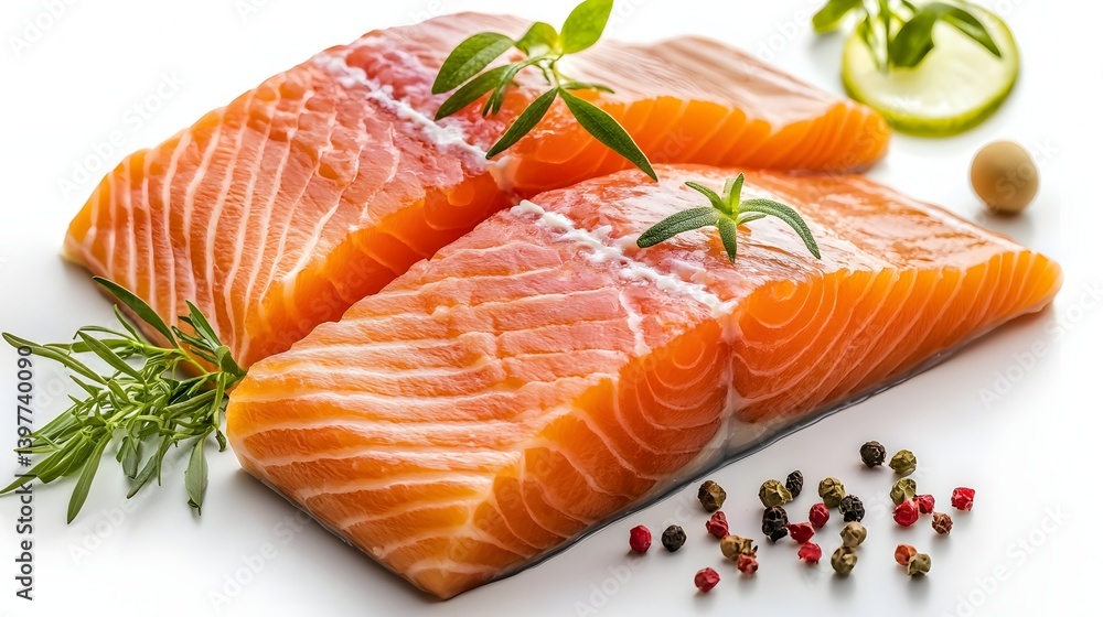 Freshly Sliced Salmon Fillets with Green Herbs and Pepper on White Background Freshly Sliced Salmon Fillets with Green Herbs and Pepper on White Background