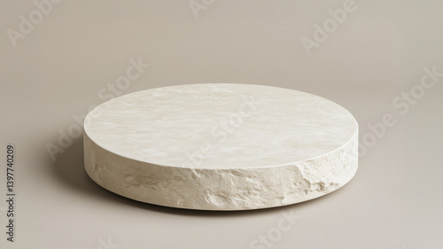 simple beige background with round stone platform for product display, creating minimalist and elegant setting. texture of stone adds natural touch