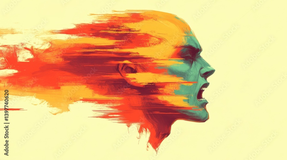 Fierce, abstract portrait of a screaming head, vibrant colors Fierce, abstract portrait of a screaming head, vibrant colors