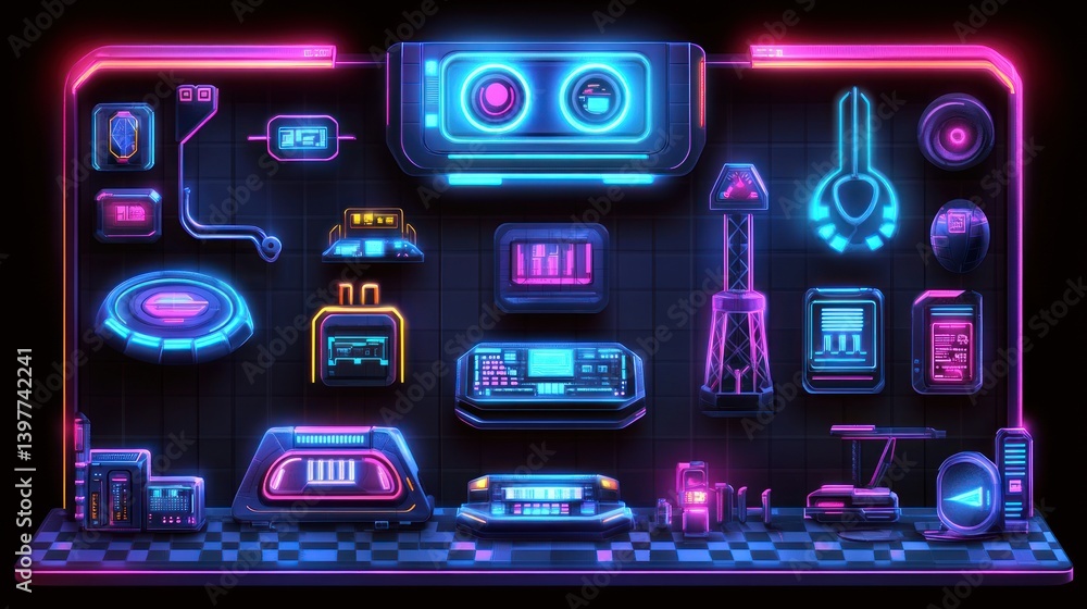 Futuristic digital user interface displays neon lights and various components Futuristic digital user interface displays neon lights and various components