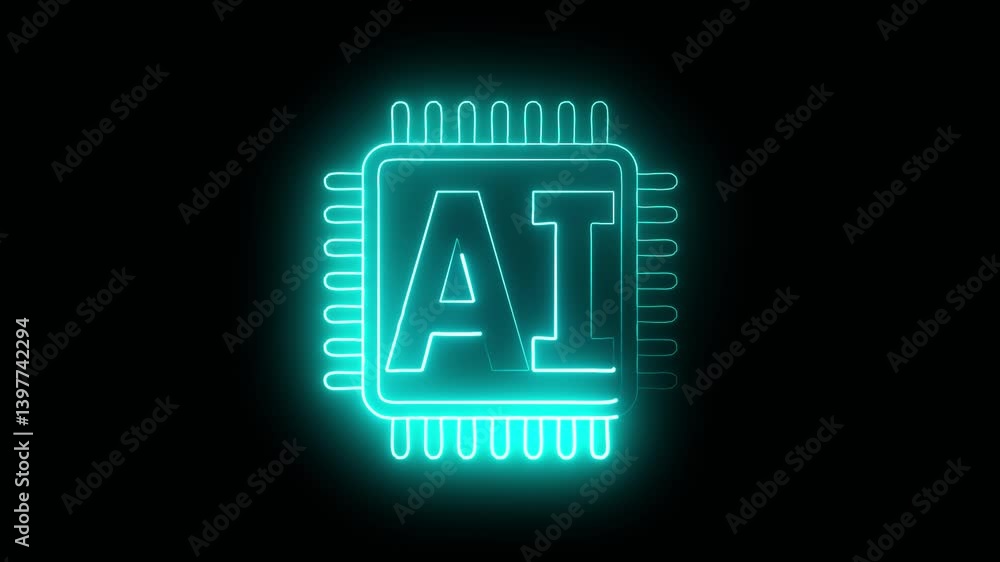 AI glowing neon icon of a CPU with digital circuits . symbolizing artificial intelligence .cyan color AI and black background . AI glowing neon icon of a CPU with digital circuits . symbolizing artificial intelligence .cyan color AI and black background .