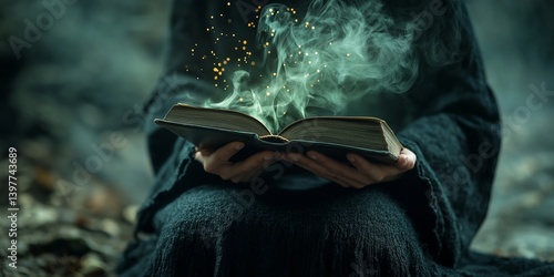 Obraz na płótnie An intriguing book opens to reveal magical energy in the form of sparks and wispy smoke in a dark scene. w salonie