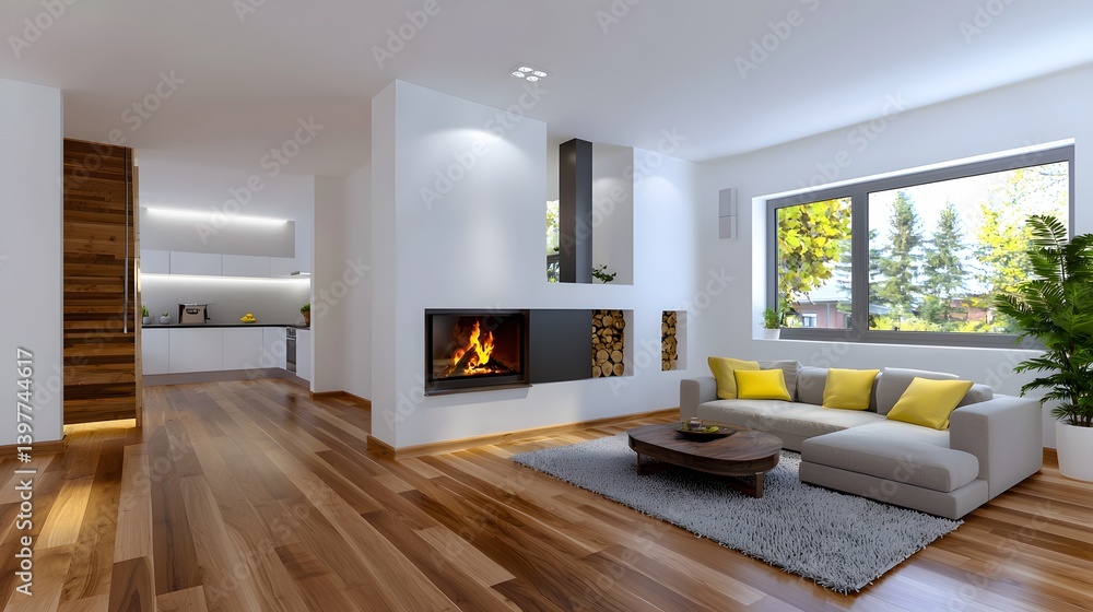 Naklejka premium Modern Living Room Interior Design Featuring Cozy Fireplace and Bright Natural Light
