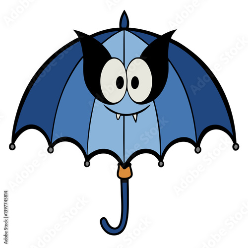 A playful bat-umbrella character with big eyes and a toothy grin, boasting a vibrant blue gradient and bold outlines.