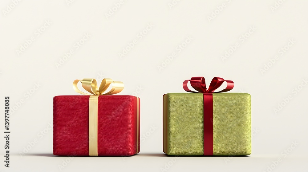 Obraz premium Two Colorful Gift Boxes Wrapped in Decorative Paper with Ribbons against a Simple Background