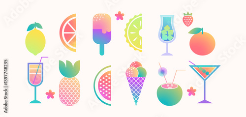 Summer set of geometric gradient drinks, fruits and ice cream. Cocktails, pineapple, lemon, orange, watermelon, strawberry. Trendy vector illustrations in flat design.