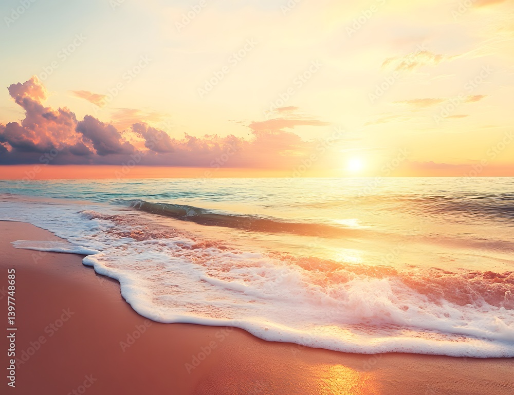 Fototapeta premium Beach scene with waves and sunset or sunrise sky with clouds.