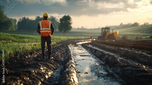 Construction worker surveying muddy field pathway.  A construction worker in a high visibility safety vest stands in a muddy field pathway, overlooking a tractor in the distance.  