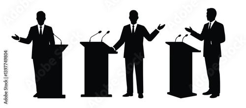 Speaking Silhouettes: Silhouettes of a speaker or presenter, standing behind a podium, articulating a thought, conveying ideas, or delivering a speech.