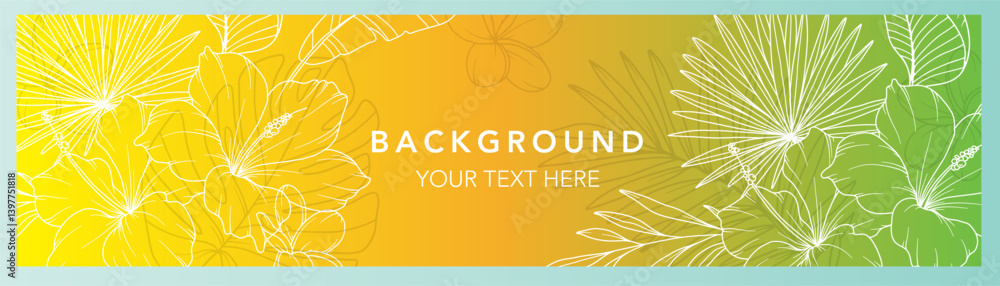 Obraz premium Floral Summer Background. Horizontal background with tropical leaves and plants. Modern vector banner template. Hand Drawn Colorful Flower Layout. Design for cards, posters, invitations, social media