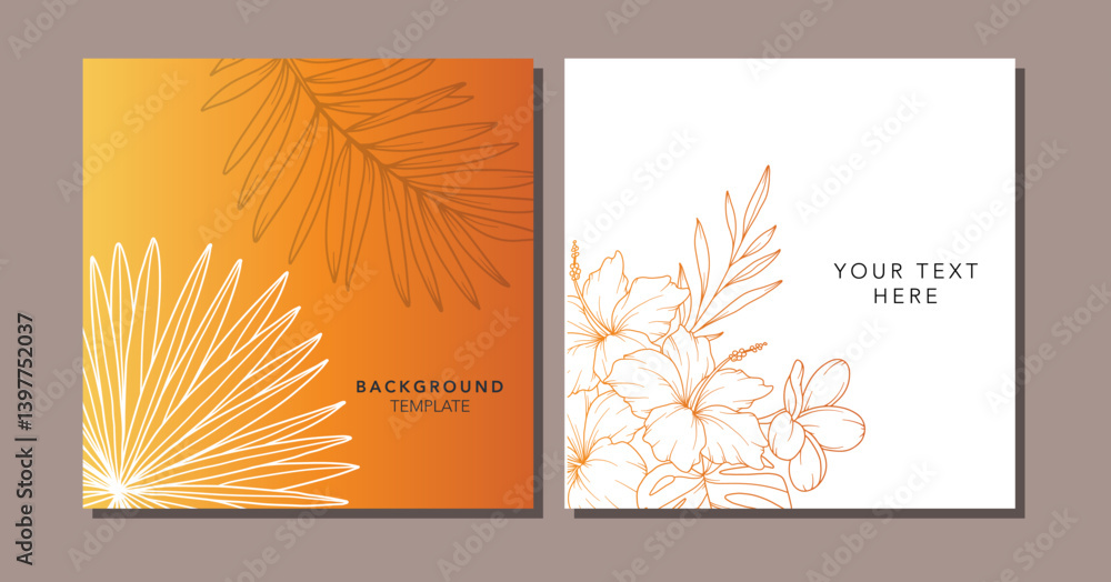 Floral Summer Background. Square background with tropical leaves and plants. Modern vector banner template. Hand Drawn Colorful Flower Layout. Design for cards, posters, invitations, social media Floral Summer Background. Square background with tropical leaves and plants. Modern vector banner template. Hand Drawn Colorful Flower Layout. Design for cards, posters, invitations, social media