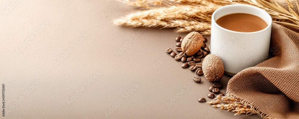 A serene morning scene featuring a warm cup of coffee surrounded by roasted coffee beans and golden wheat. Perfect for promoting comfort, relaxation, or food and beverage themes.