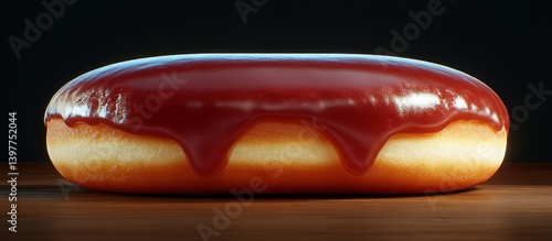 A single glazed long john donut sits on a wooden surface