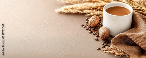 Obraz na płótnie A serene morning scene featuring a warm cup of coffee surrounded by roasted coffee beans and golden wheat. Perfect for promoting comfort, relaxation, or food and beverage themes. w salonie