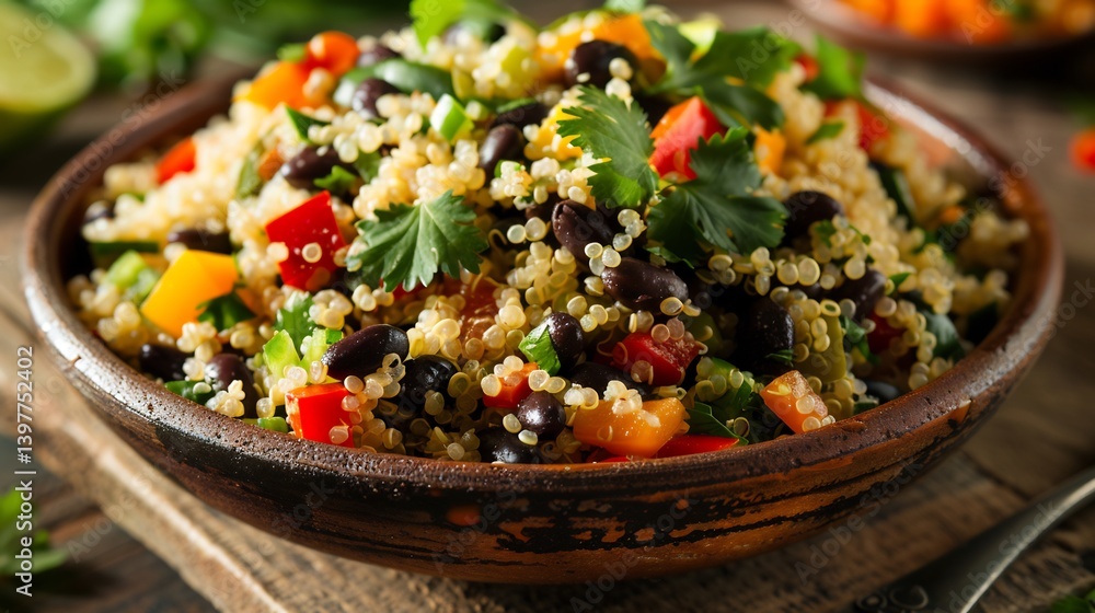 High protein quinoa black bean salad with fresh cilantro lime dressing and diced bell peppers arranged in a modern style High protein quinoa black bean salad with fresh cilantro lime dressing and diced bell peppers arranged in a modern style