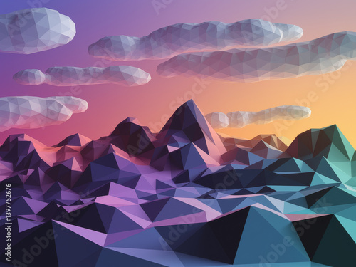 Tapety artystyczne Abstract low poly mountain landscape at sunset with geometric clouds