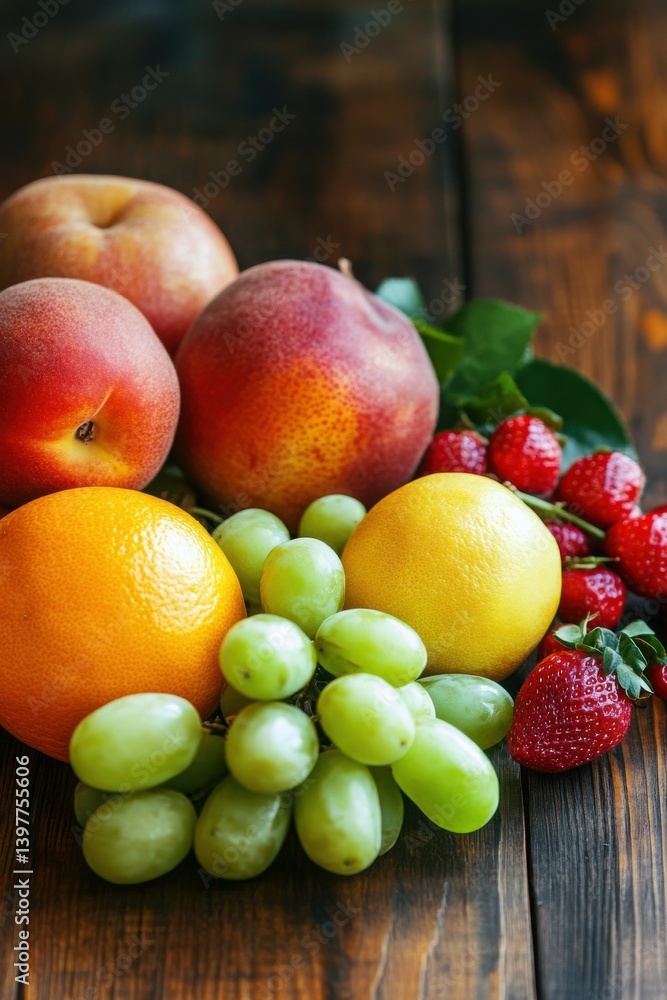 Fresh local fruits labeled as organic, arranged on wood with soft natural lighting Fresh local fruits labeled as organic, arranged on wood with soft natural lighting