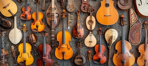 Collection of various stringed musical instruments displayed on a wall