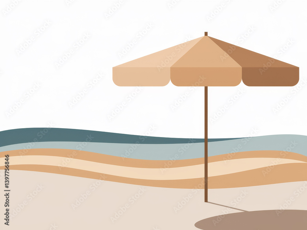 Obraz premium Minimalist beach scene with umbrella and abstract waves