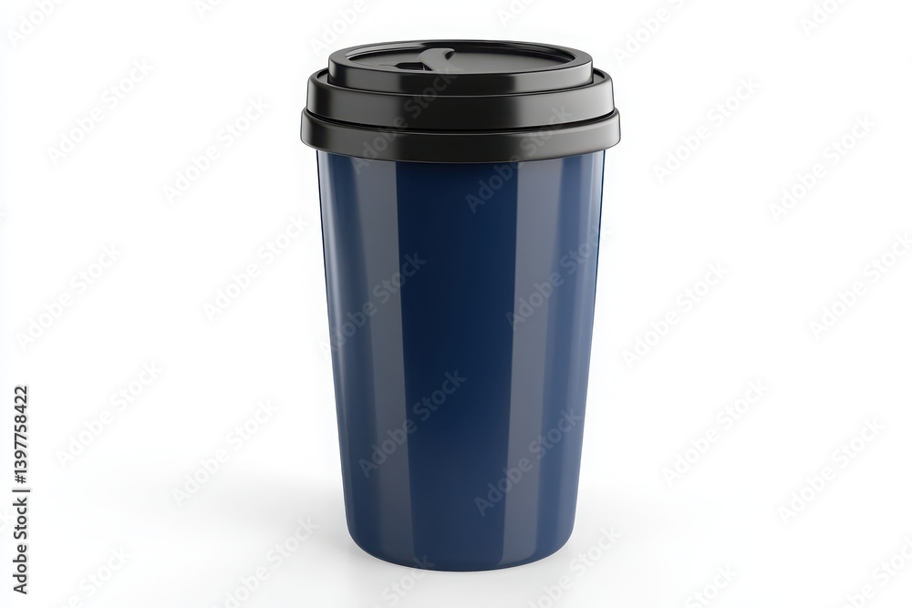 Isolated blue cup with a black lid on a white plain background view Isolated blue cup with a black lid on a white plain background view