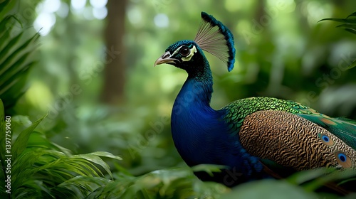 Wallpaper Mural Majestic peacock with vibrant blue and green plumage resting among lush tropical foliage. Natural wildlife photography showcases iridescent feathers and distinctive crown. Torontodigital.ca