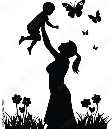 Elegant Mother Lifts Baby Silhouette with Butterflies and Flowers on Transparent Background