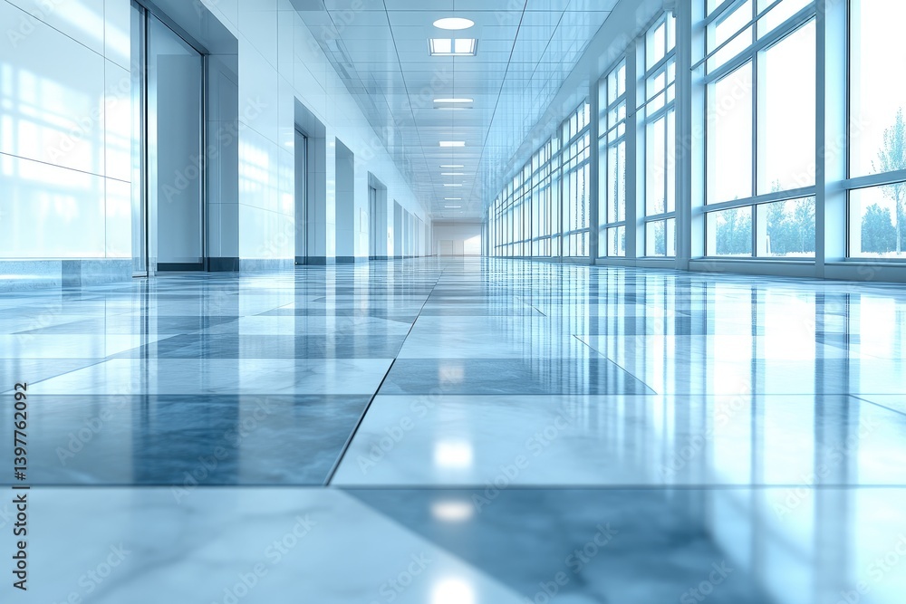 Long, bright hallway with marble floors and large windows. Perspective view Long, bright hallway with marble floors and large windows. Perspective view