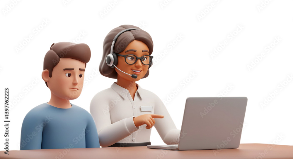 A helpful customer service agent patiently assists a concerned client during a virtual support session, showcasing a friendly and efficient 3D animation style.