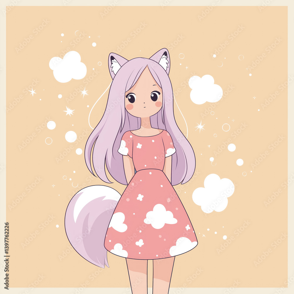 kawaii anime style fox girl with lilac hair wearing pink cloud dress and fluffy tail on dreamy beige background kawaii anime style fox girl with lilac hair wearing pink cloud dress and fluffy tail on dreamy beige background