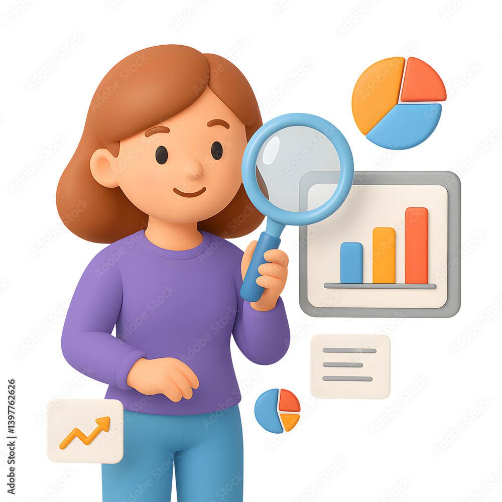 Professional exploring data analysis with 3D model icons showing graphs and charts while holding a magnifying glass in a transparent background Professional exploring data analysis with 3D model icons showing graphs and charts while holding a magnifying glass in a transparent background